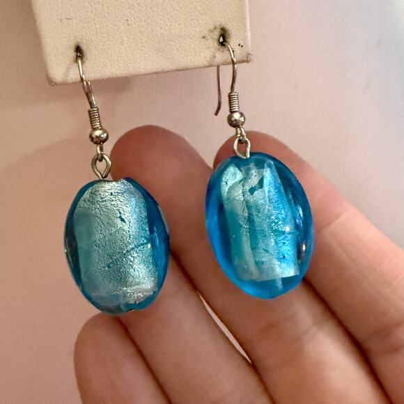Gorgeous Light Blue Artisan Foiled Glass Drop Earrings - Picture 7 of 7